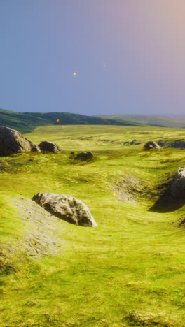 serene grassland landscape with rolling hills and rocks