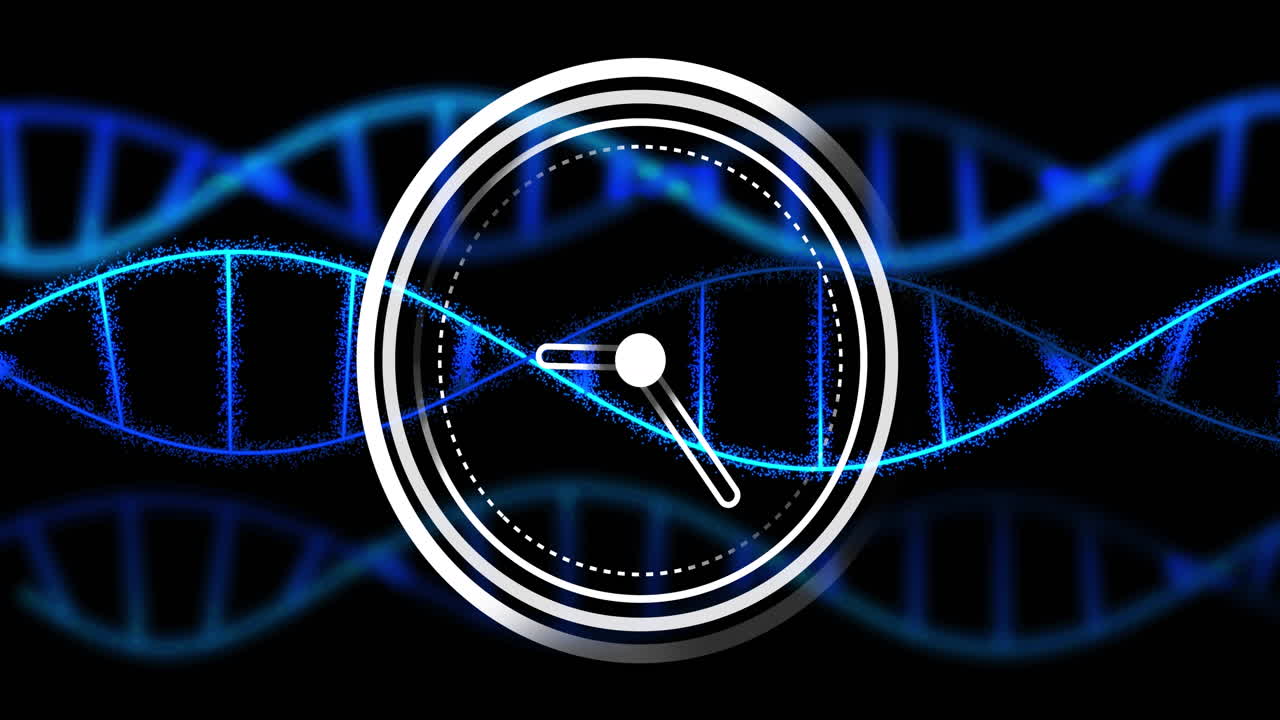 검은색 배경에 있는 dna 가닥 위로 움직이는 시계의 애니메이션