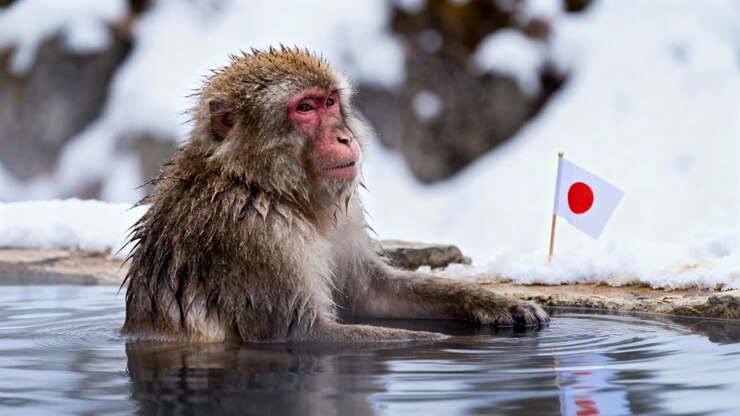 Macaco giapponese immerso in una sorgente termale innevata, che reagisce all'acqua calda, sposta lo sguardo, bandiera in piedi