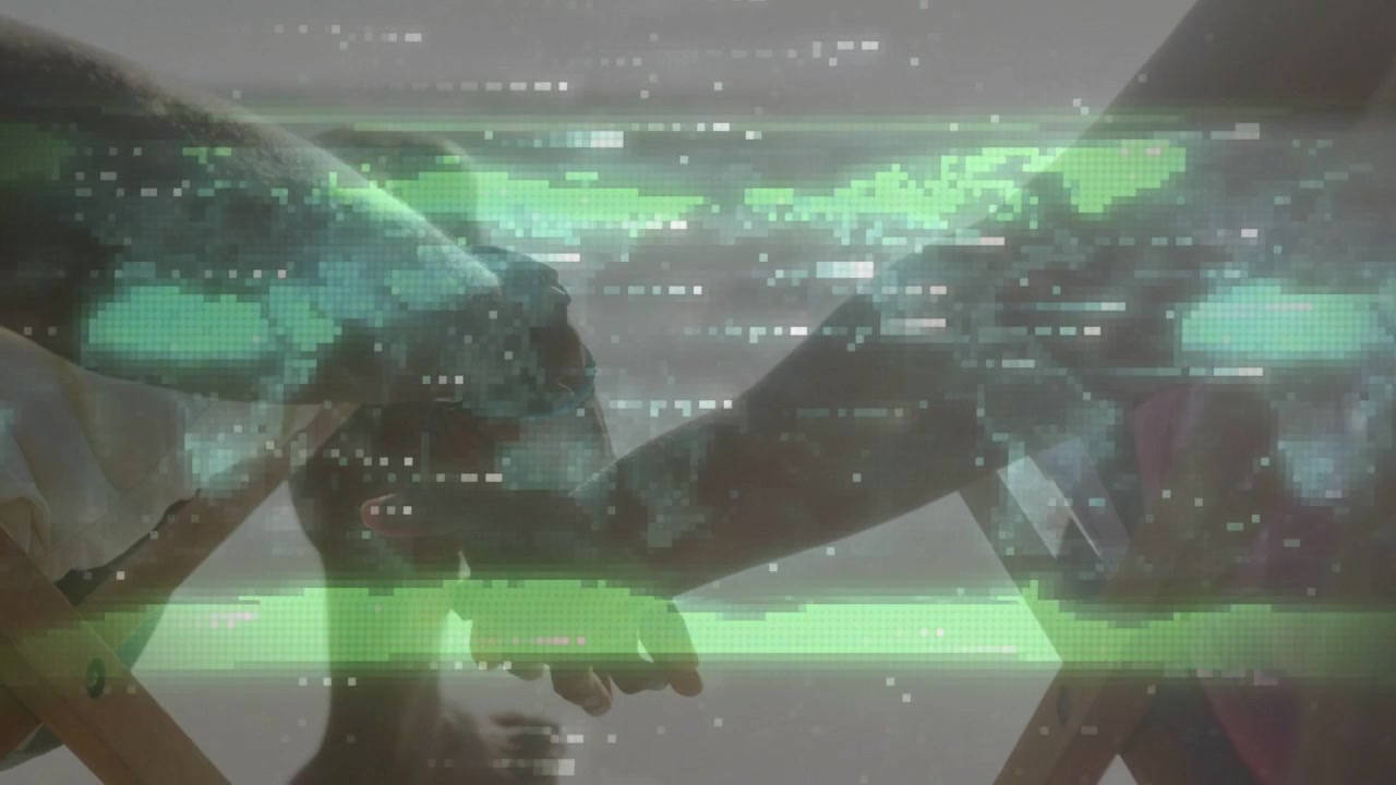 Senior man reaching to woman, hands connecting while green glitch sliding, revealing tech support