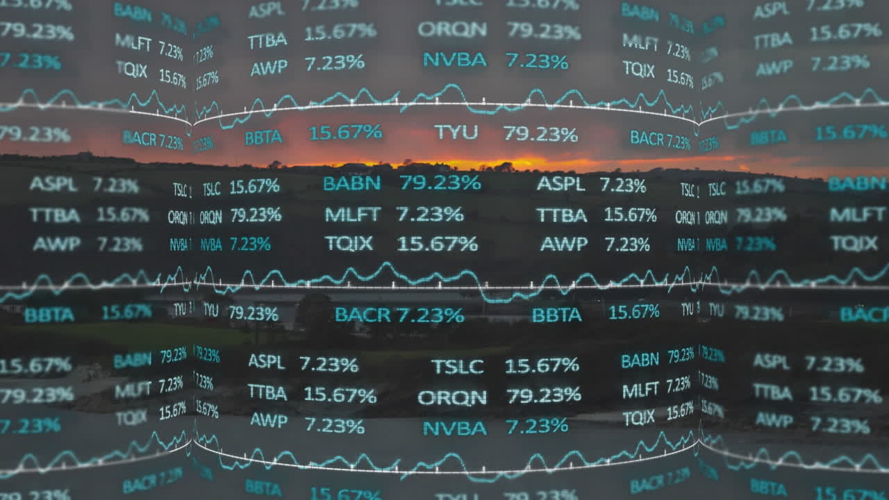 해가 지는 동안 호수와 산의 경치에 대한 무역 보드의 애니메이션