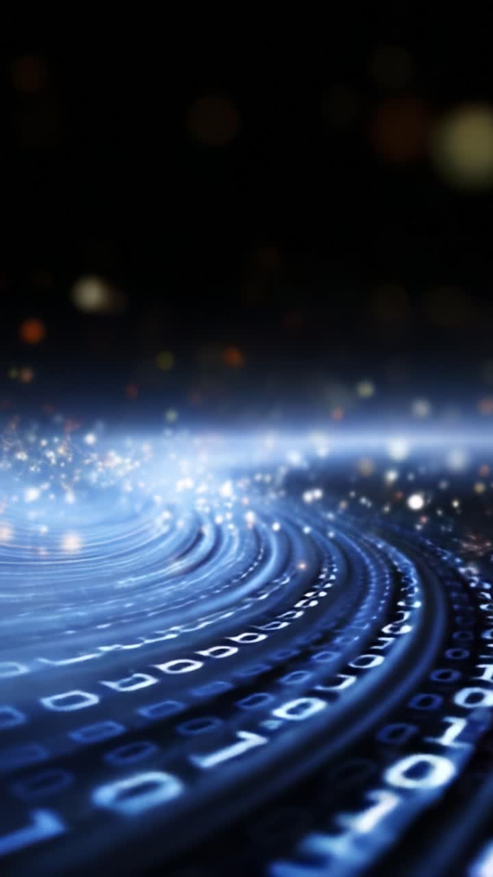 Un ipnotico vortice di codice binario illuminato da luci scintillanti, che rappresenta il flusso di informazioni digitali in modo straordinariamente astratto