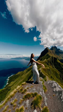 woman on a mountaintop with arms outstretched enjoying the view