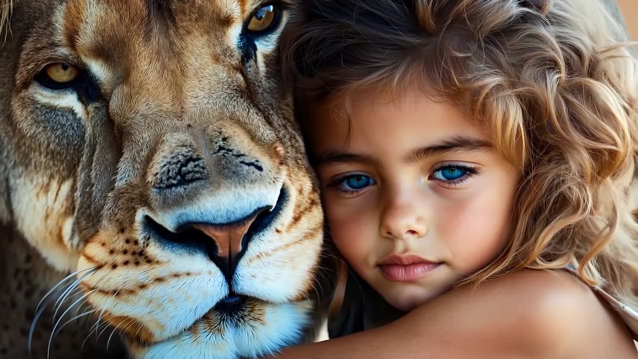 una niña abrazando a un león con ojos azules
