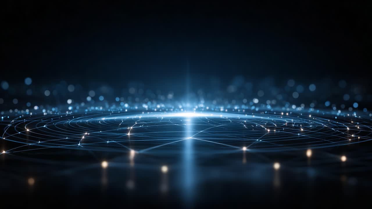 Illuminated Network of Light Points and Lines in a Deep Black Space: A Futuristic Visualization of Connectivity and Data Flow