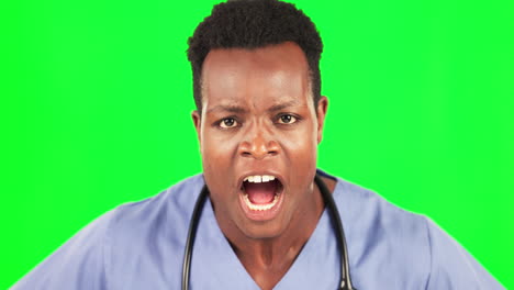 Arzt,-Schrei-Und-Gesicht-Eines-Schwarzen-Mannes-In-Grün