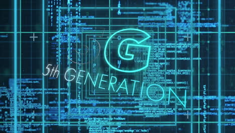 animation of 5g 5th generation text over data processing in background