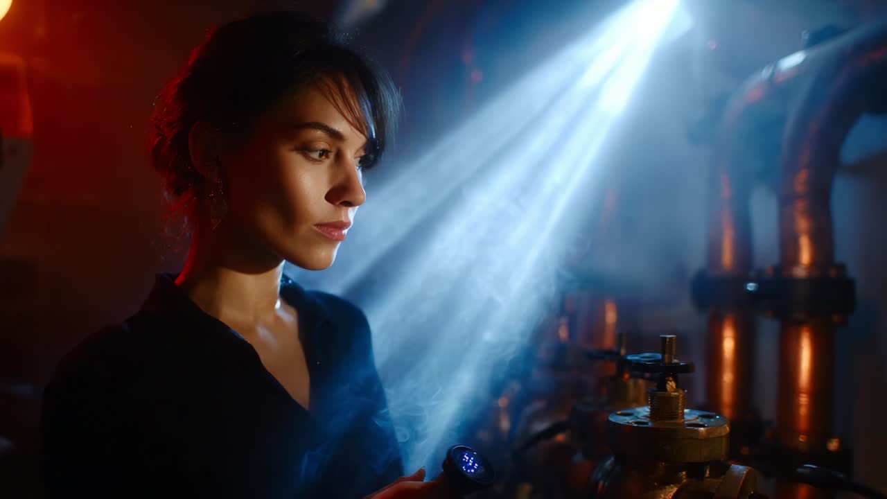 A woman stands focused and contemplative in a dimly lit industrial setting, illuminating her surroundings with a flashlight as beams of light pierce through the smoke, creating a mysterious and atmospheric scene