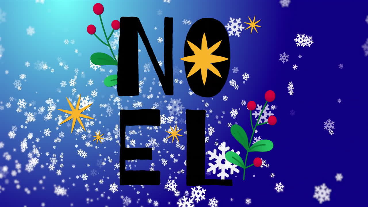 Animation of noel text over snow falling on blue background