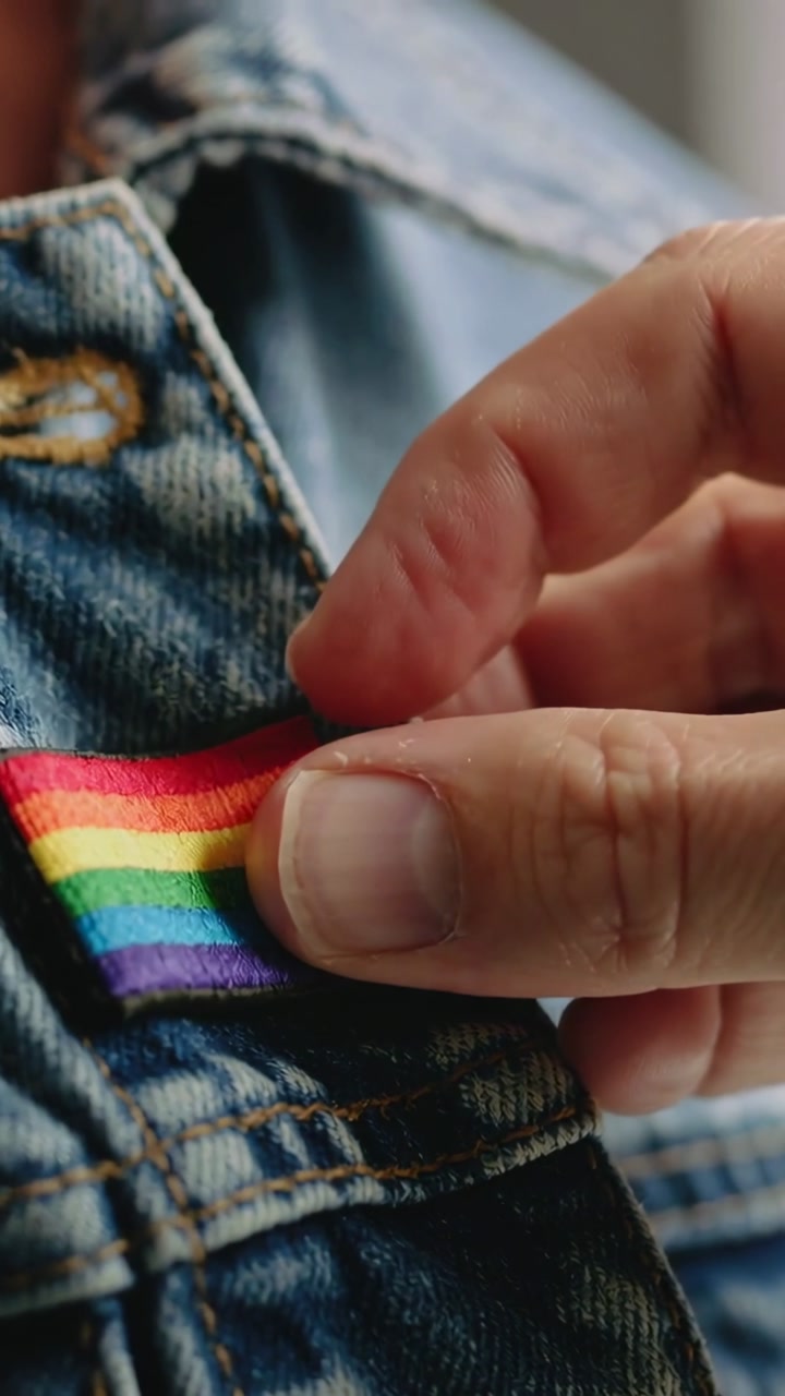 Vertical video: Approaching right hand pinching and tucking rainbow patch into denim lapel seam