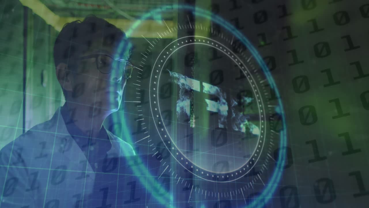 animación de nft, alcance y procesamiento de datos sobre ingeniero de ti asiático por servidores informáticos