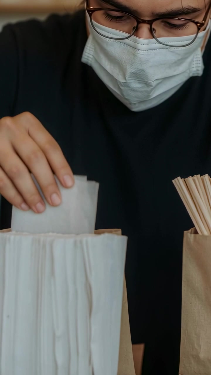 Video verticale: Personale mascherato con occhiali che prende un tovagliolo dal portatovaglioli e sistema le bacchette in un caffè.