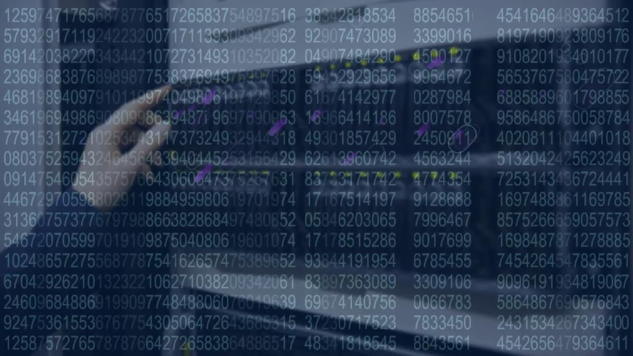 Animation of purple lines and data processing over hand of caucasian woman in server room