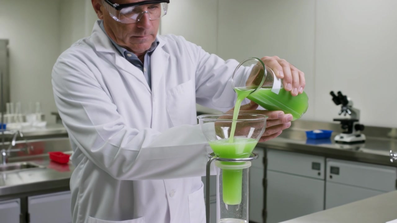 Tipping beaker, tech white coat goggles pouring green liquid through filter at lab bench to collect