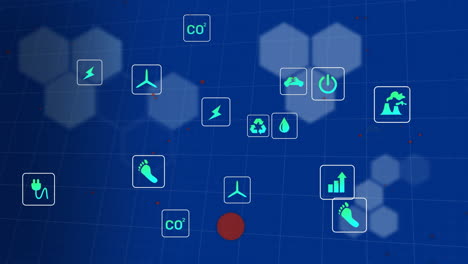 animación de iconos ecológicos y procesamiento de datos sobre fondo azul