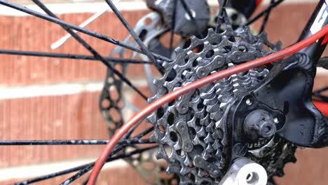 primer plano de un casete trasero sucio en una bicicleta rociada con agua y desengrasante para limpiar