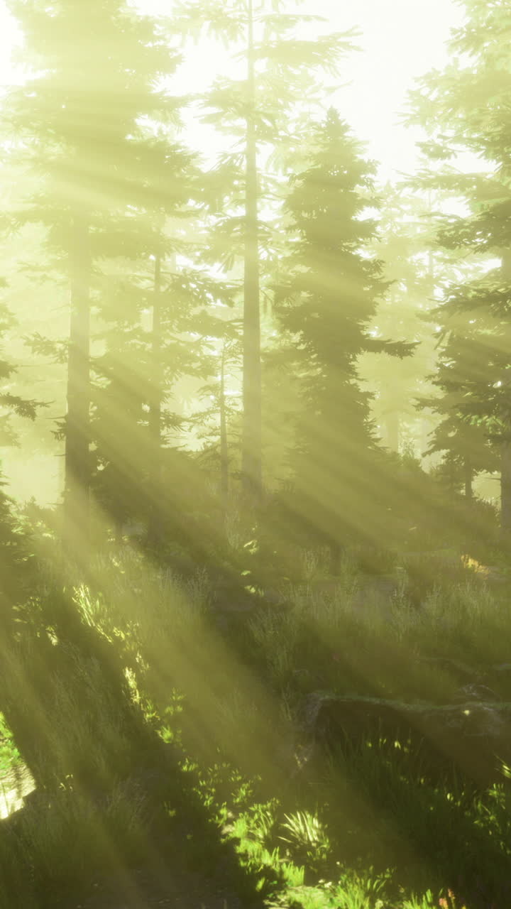 Sunlight filters through tall trees in a serene forest during golden hour