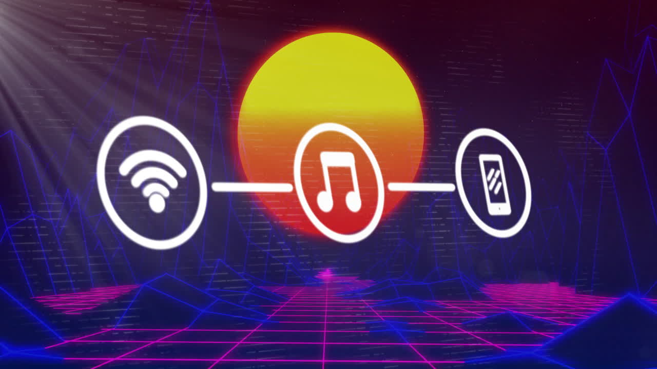 Music streaming animation over retro-futuristic landscape with neon grid and sunset