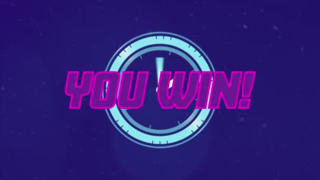 animation of you win text banner over ticking clock and spots of light on blue background