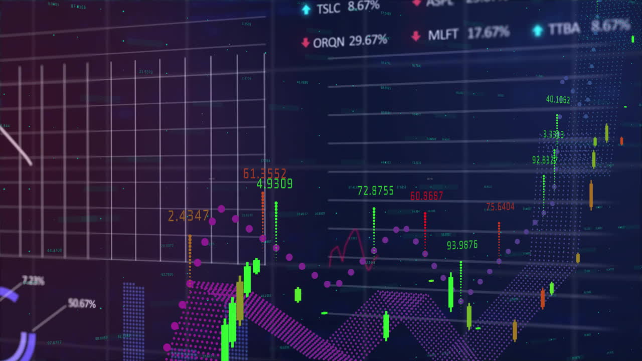 animación del procesamiento de datos financieros sobre una cuadrícula sobre un fondo oscuro