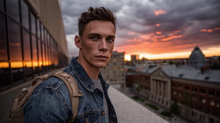 Un giovane uomo ammira intensamente un tramonto colorato da un tetto, catturando la serenità e la bellezza della natura in un paesaggio urbano