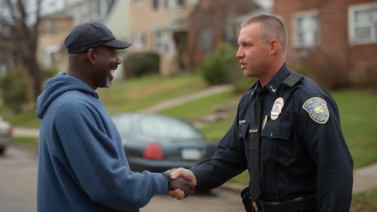 A Positive Community Interaction: A Policeman Engages with a Local Resident in a Friendly Handshake, Promoting Trust and Cooperation in Neighborhood Safety and Community Relations