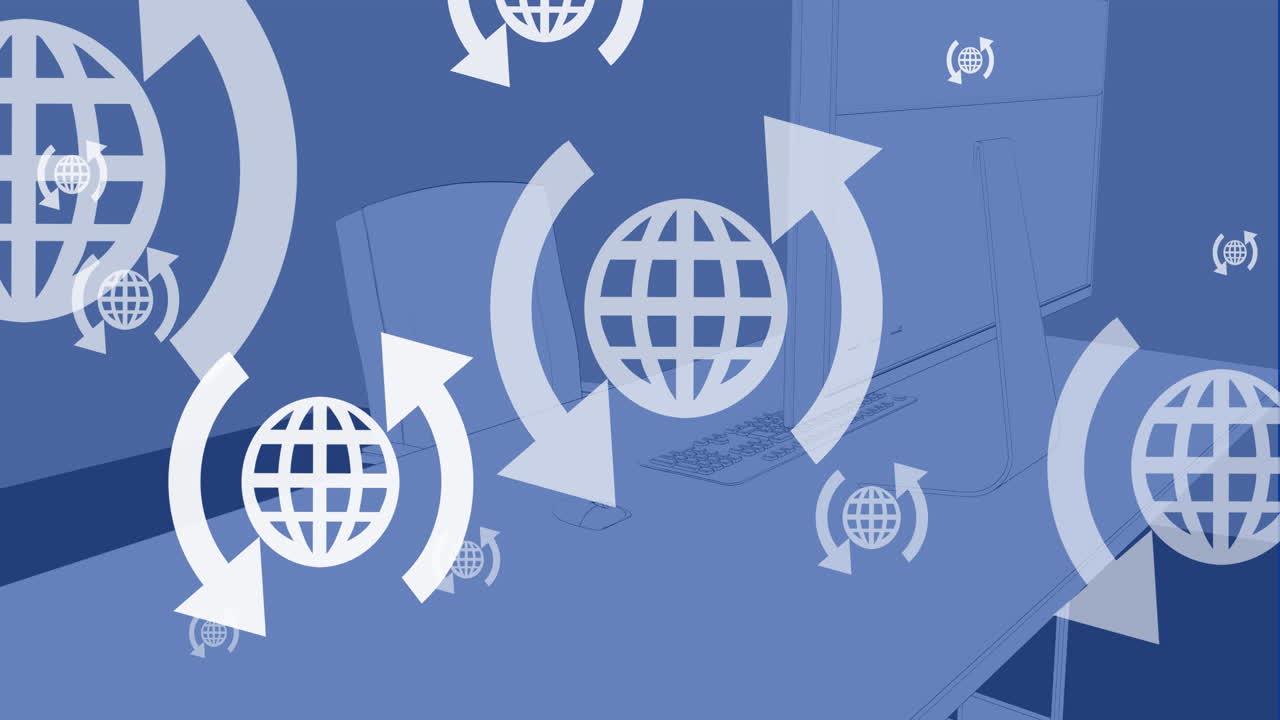 animación de múltiples iconos de globos web flotando contra el modelo de escritorio de oficina en 3d.