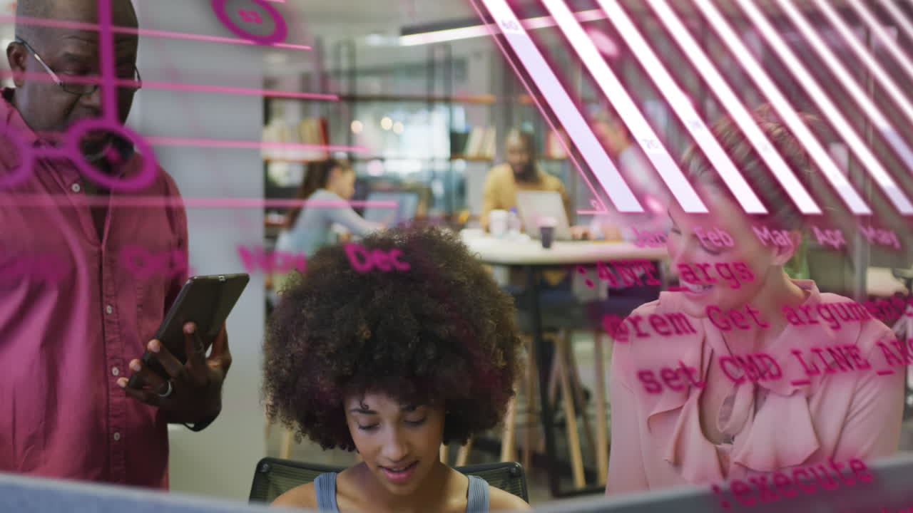 Animation of graph, globe and computer language over diverse coworkers discussing on desk