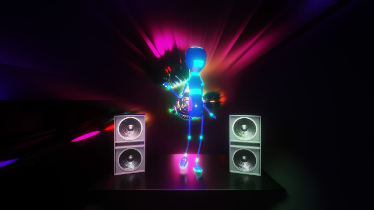 fondo de bucle de vj abstracto con altavoces de escenario voladores y maniquí de baile. renderizado en 3d