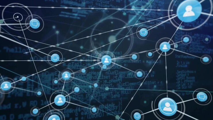 Animation of network of people icons over processing data on dark background