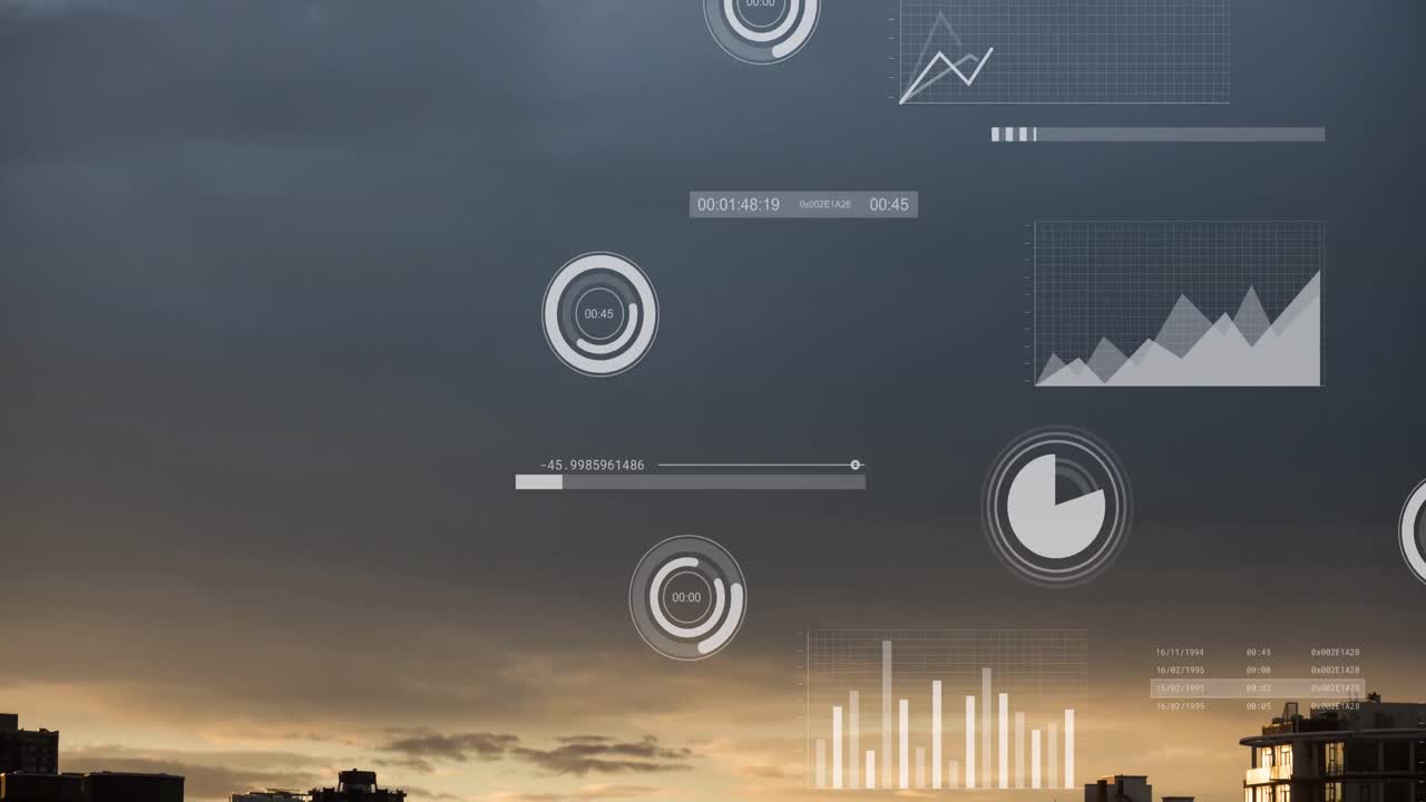 Animation of screens with statistical data processing against aerial view of cityscape and grey sky