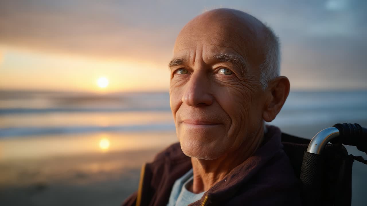 Un uomo anziano sereno che ammira un bellissimo tramonto sulla spiaggia mentre è seduto su una sedia a rotelle, trasmettendo pace e contentezza in un ambiente tranquillo