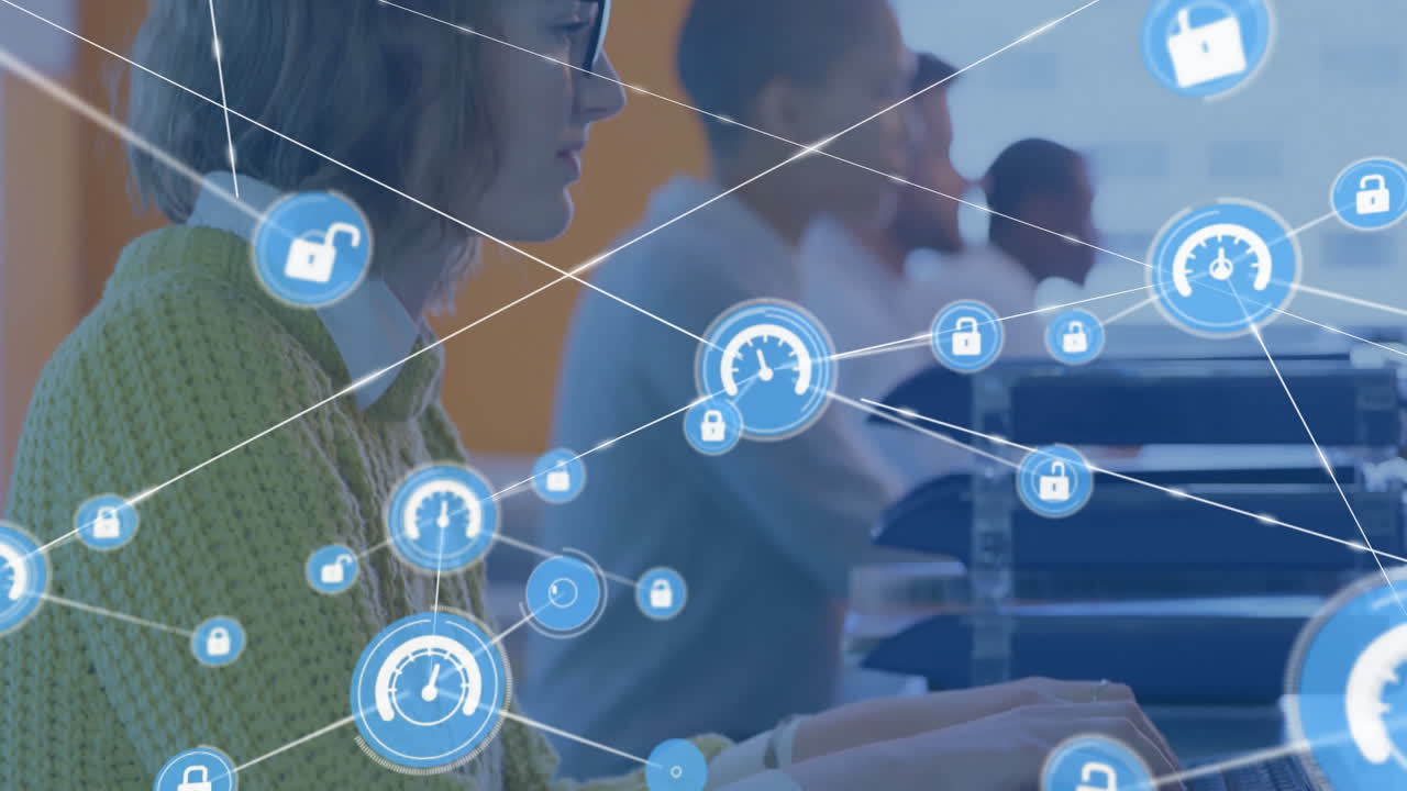 Network of connections and data processing animation over people working at office