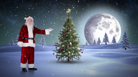 Santa-showing-christmas-tree-in-snowy-landscape