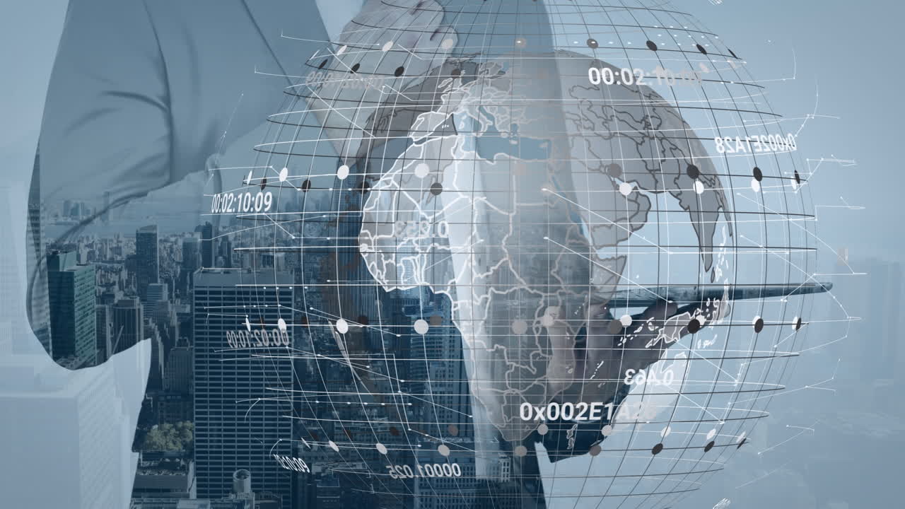 데이터 프로세싱과 도시 풍경으로 지구의 애니메이션 카우카스 사업가 태블릿을 사용