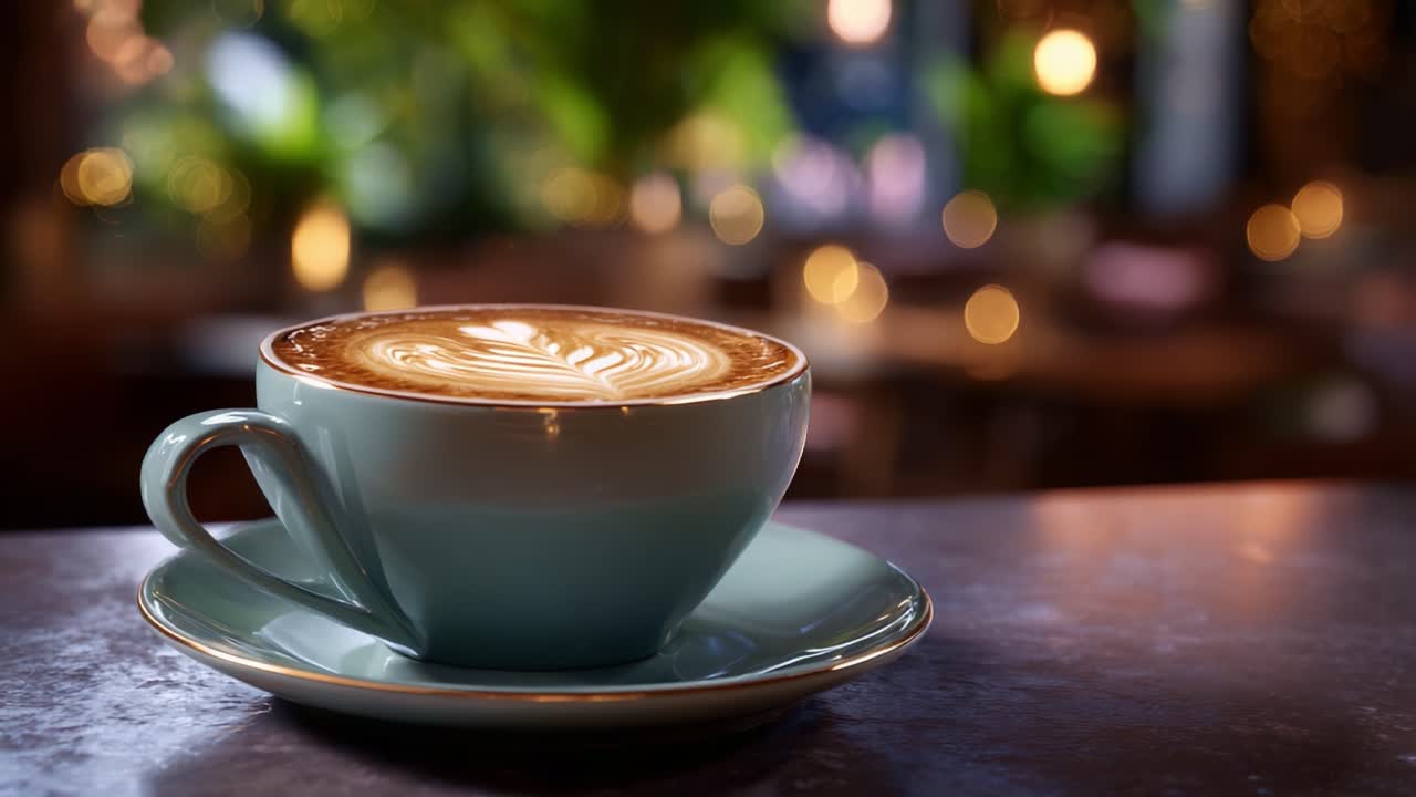 A beautifully crafted cup of latte art resting on a table, surrounded by a softly blurred background with warm lighting that enhances the coffee's inviting appearance