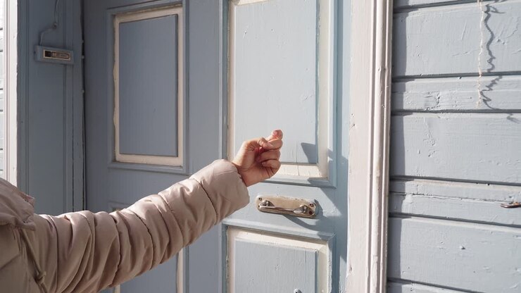 Person Knocking on a Light Blue Vintage Door