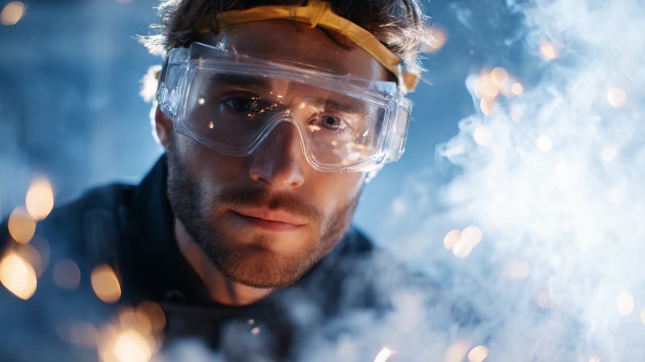 Intense Focus Amidst Sparks: A Close-Up of a Determined Individual Wearing Safety Goggles Surrounded by Fiery Sparks and Dynamic Smoke, Highlighting the Elements of Safety and Precision in a High-Stakes Environment