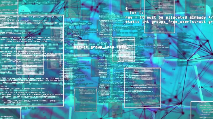Des panneaux émergent sur un fond aquatique, initiant un réseau, reliant des nœuds, avec du code défilant, représentant le flux de données