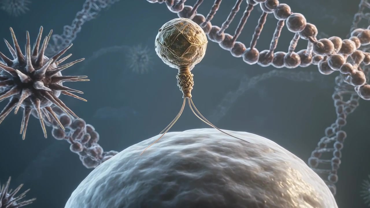Una telecamera ingrandisce, concentrandosi su una grande cellula che tocca una sfera ancorata sotto il microscopio, con legami intrecciati.