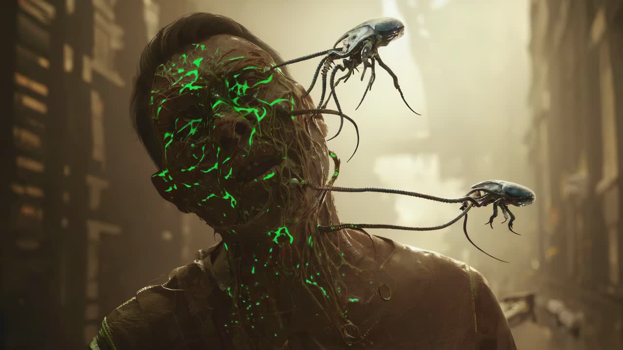 Cyberpunk Human with Implants and Scarab-like Tech