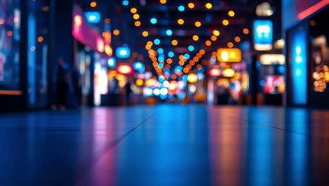 bright lit urban walkway. colorful lights illuminate a bustling urban walkway at night, creating a lively ambiance for outdoor exploration.