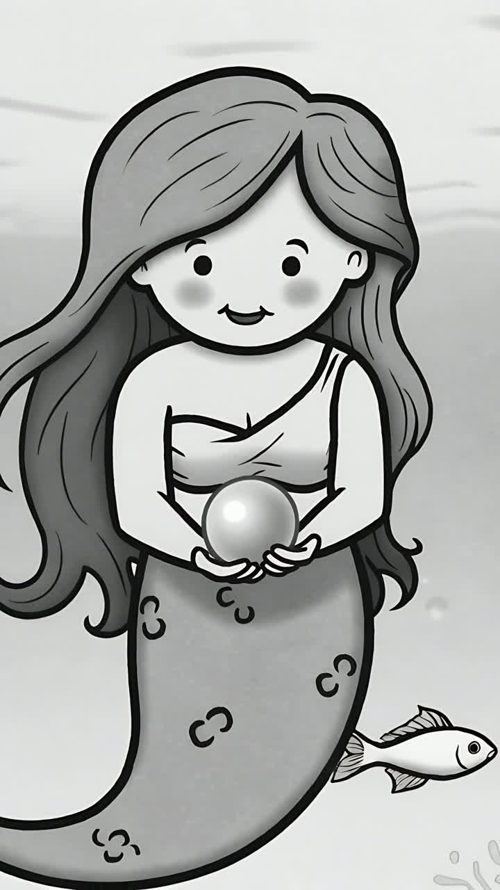 Video verticale: Sirena mossa dalla corrente che tiene una perla sott'acqua, con la parte superiore avvolta e la coda di pesce, mentre i pesci passano.