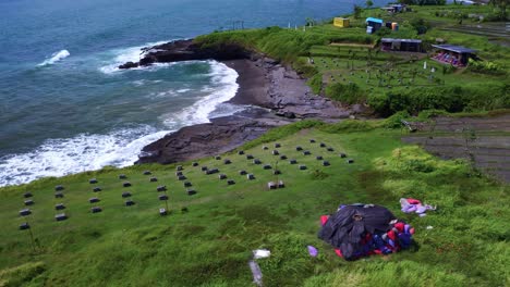 fields and seascape at the beach love in bali, indonesia - aerial drone shot