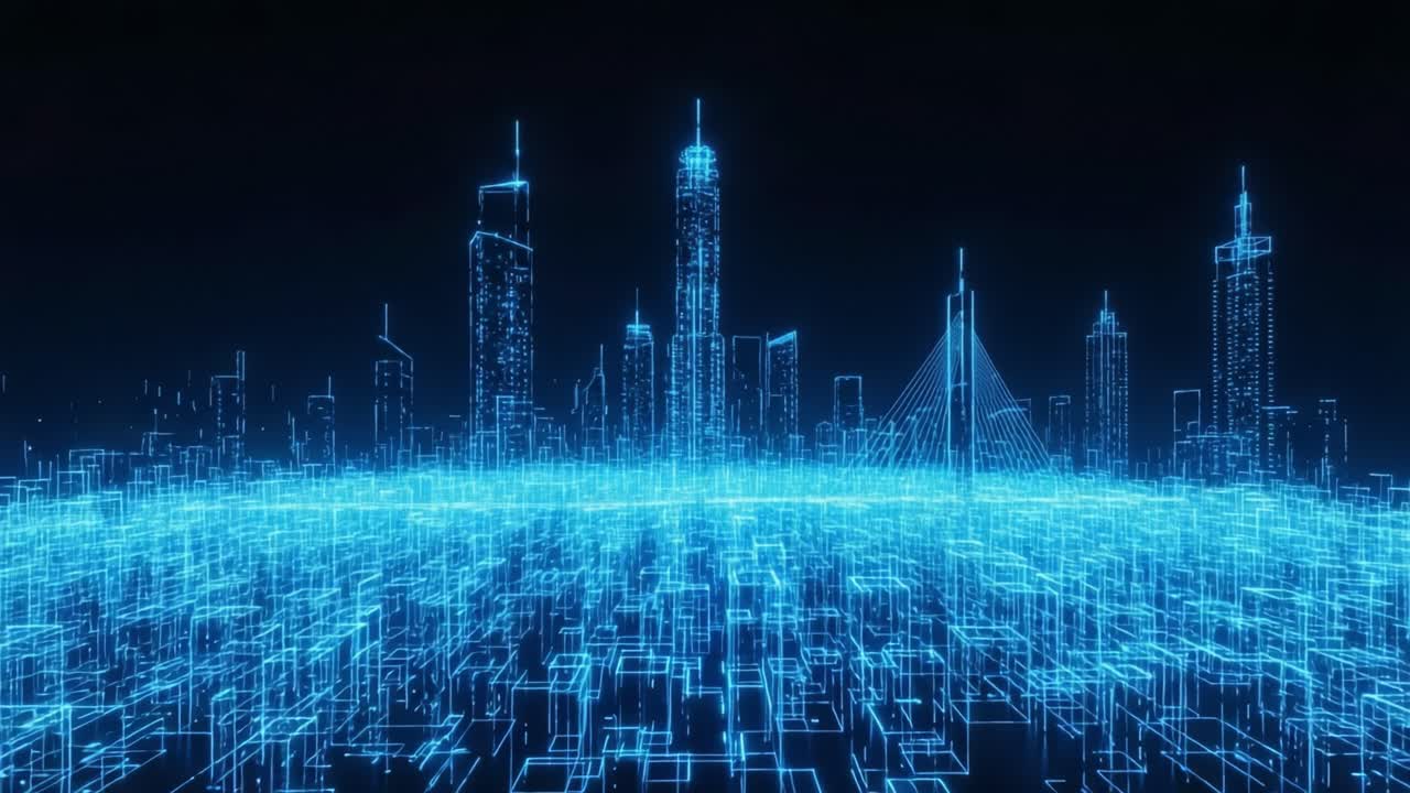 A Futuristic Urban Landscape Represented in Digital Form: A Glowing Blue Cityscape with High-Tech Skyscrapers and a Network of Neon Grids