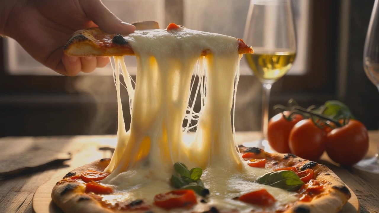 Hånd som løfter et stykke varm, fersk pizza med smeltende ost