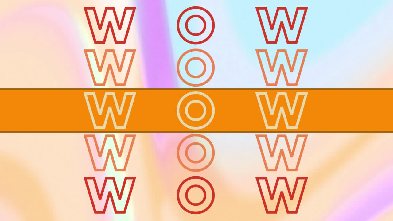 파스텔 배경에 오렌지색 배너와 함께 반복되는 와우 텍스트의 애니메이션