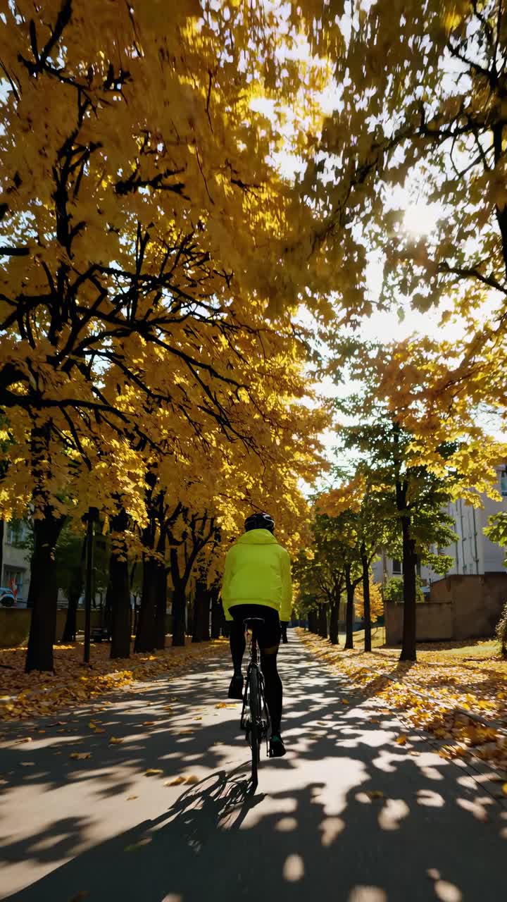 Low-angle video shot of a cyclist in a bright jacket riding through a tree-lined path with golden
