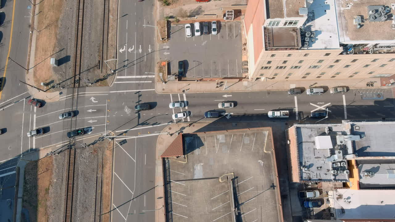 Aerial Above Car Traffic In City Center Multi Lane Road, Durham USA