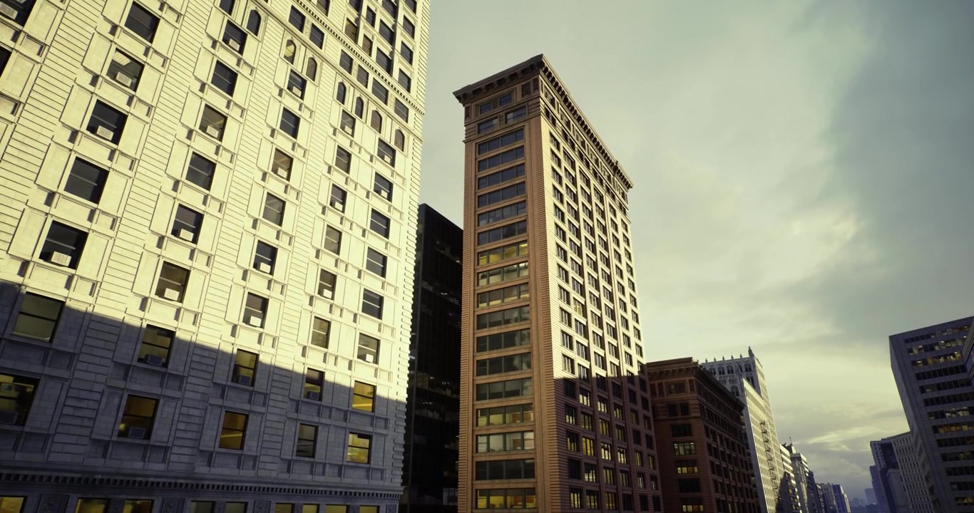 Centro urbano energico con vetrine illuminate ed edifici imponenti